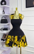 Print Color Block Sling Pleated Mini Dress GXIN-S-8841