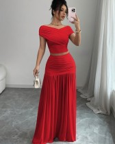 Solid Color One Neck Top Pleated Skirt 2 Piece Set GXIN-S-8832