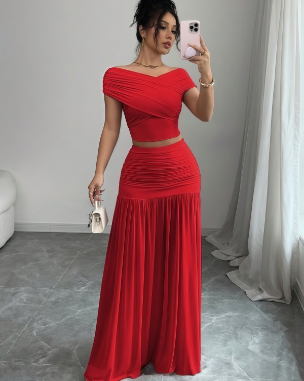 Solid Color One Neck Top Pleated Skirt 2 Piece Set GXIN-S-8832