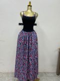 Color Block Print Sling Pleated Long Dress GXIN-S-8835