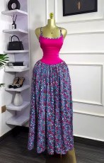 Color Block Print Sling Pleated Long Dress GXIN-S-8835