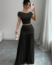 Solid Color One Neck Top Pleated Skirt 2 Piece Set GXIN-S-8832
