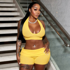 Sexy Halterneck Hollow Out Two Piece Shorts Set MXBF-D25ST155
