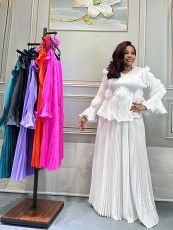 Solid Color Pleated Long Sleeve Pants Suit  GZRF-77061