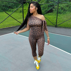 Leopard Print Slash Shoulder Seventh Pants Suit MXBF-J25ST061