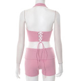Sexy Halterneck Hollow Out Two Piece Shorts Set MXBF-D25ST155