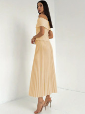 Off Shoulder Tops Pleated Long Skirts 2 Piece Set QYMF-3247