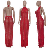 Solid Knitted Halter Hollow Out Maxi Dress TR-1150