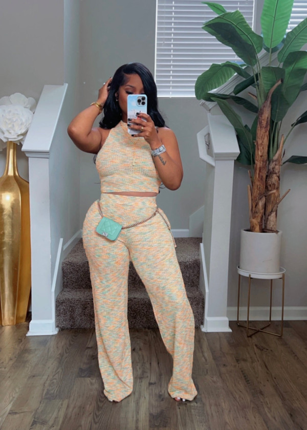 Sleeveless Print Wide Leg Pants 2 Piece Set QYMF-3156