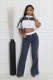 Denim Patchwork Color Zipper Top Wide Leg Pants Set QYMF-3074