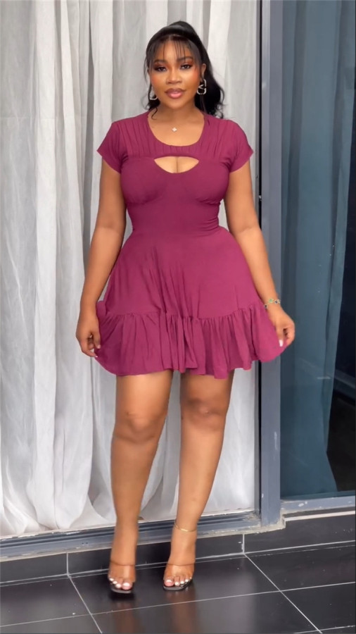 Hollow Out Ruffles Solid Mini Dress GMSF-9269