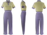 Color Block Short Sleeve Top Pants Suit QYMF-3148