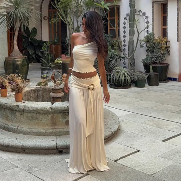 Solid Color Slash Shoulder Two Piece Skirts Set GSLF-K25S73038