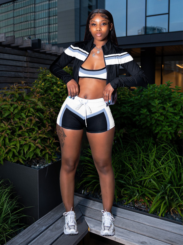 Contrast Color Long Sleeve+Wrap Chest+Short 3 Piece Set CH-25032