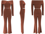 Solid Color Off Shoulder Long Sleeve Pants Suit QYMF-3246