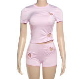 Love Hollow Out Solid Color Two Piece Shorts Set GSLF-K25S69015