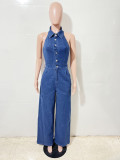 Sleeveless Backless Denim Wide Leg Jumpsuit LX-3582