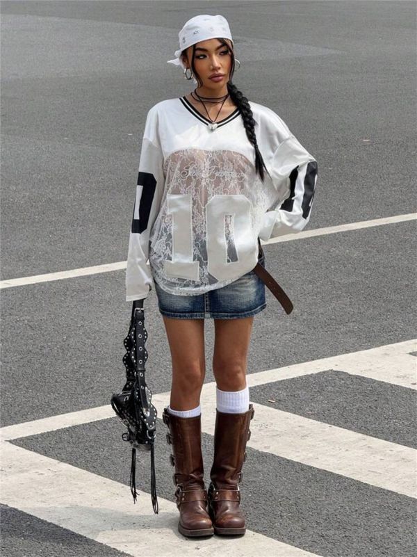 Print Lace See Through V Neck Sweatshirt YWXS-K25L162