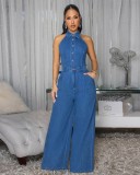 Sleeveless Backless Denim Wide Leg Jumpsuit LX-3582