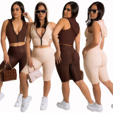 Sleeveless Zipper Hooded Two Piece Shorts Set LSD-82066