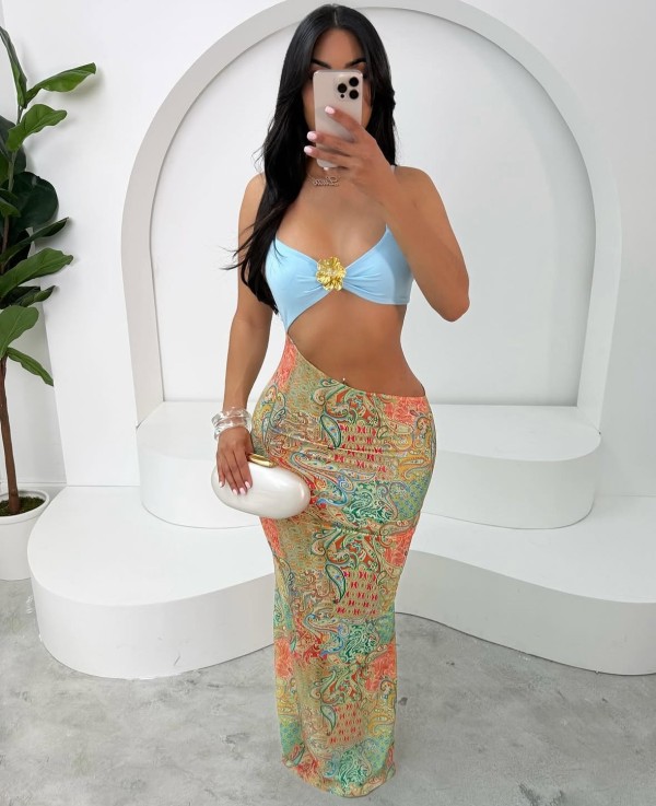 Sexy Print Sling Backless Maxi Dress YWXS-K25L395