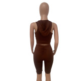 Sleeveless Zipper Hooded Two Piece Shorts Set LSD-82066
