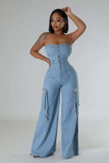 Fashion Wrap Chest Denim Straight Jumpsuit LX-6998