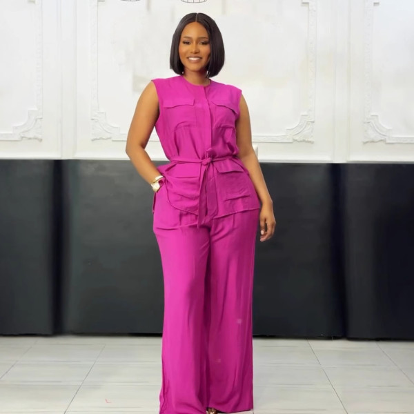 Plus Size Solid Sleeveless Tie Up Pants Suit NY-11095