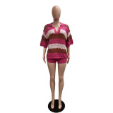 Striped Sweater Short Sleeve Two Piece Shorts Set QXTF-83011