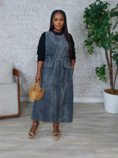 Plus Size Casual Denim Loose Vintage Vest Long Dress GYLN-3368
