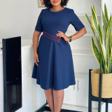 Plus Size Short Sleeve Solid Color Midi Dress GATE-589