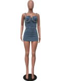 Denim Washed Blue Diamond Halter Mini Dress OD-8745