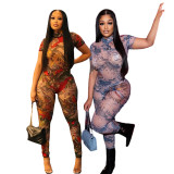 Print Short Sleeve Mesh Jumpsuit SHD-9707