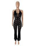 Solid Color Lace Backless Halterneck Jumpsuit SHD-9734
