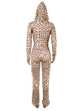 Leopard Print Zipper Hooded Two Piece Pants Set SHD-9718