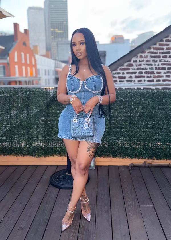 Denim Washed Blue Diamond Halter Mini Dress OD-8745