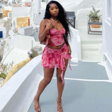 Mesh Print Sling Vest Split Skirts Two Piece Set SHD-9623