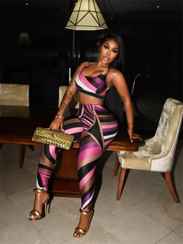 Comtrast Color Print Tank Tops Two Piece Pant Set SHD-9739