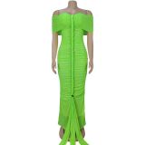 Mesh Pleated Off Shoulder Maxi Dress BY-7406
