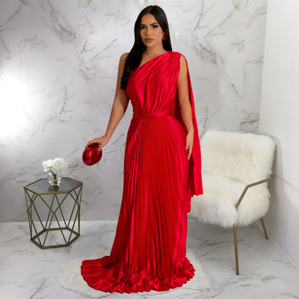 Single Shoulder Press Pleated Maxi Dress YF-20020