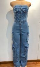 Fashion Denim Wrap Chest Slim Jumpsuit GMYU-9825