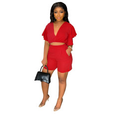 Casual Solid Color V Neck Two Piece Shorts Set GMYU-5019