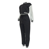 Contrast Color Zipper Coat Two Piece Pants Set FENF-6024