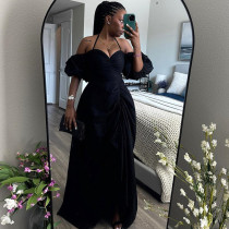 Pleated Patchwork Lantern Sleeve Maxi Dress GMYU-8152