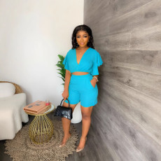 Casual Solid Color V Neck Two Piece Shorts Set GMYU-5019