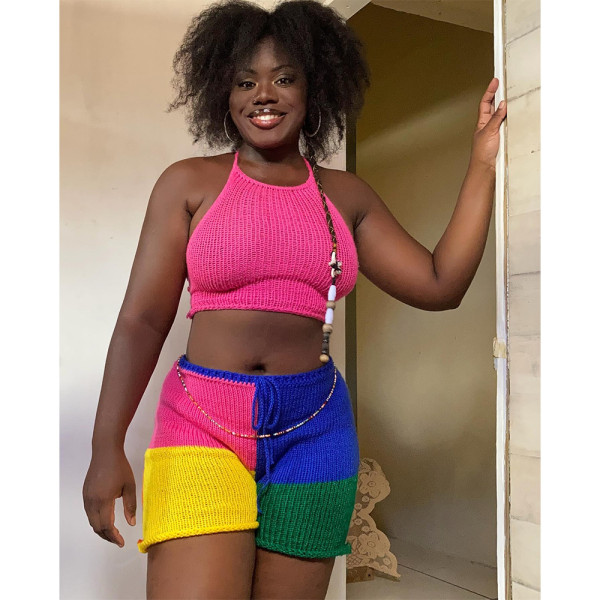 Sweater Halterneck Tops Color Block Short Suit QXTF-9181