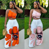 Floral Print Single Shoulder Wide-Leg Pants Two-Piece Set SHD-9738