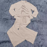 Solid Color Tie Up Long Sleeve Pants Suit SSNF-211496