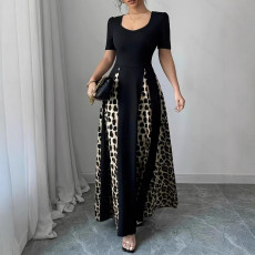 Plus Size U Neck Leopard Patchwork Maxi Dress GQIF-0433