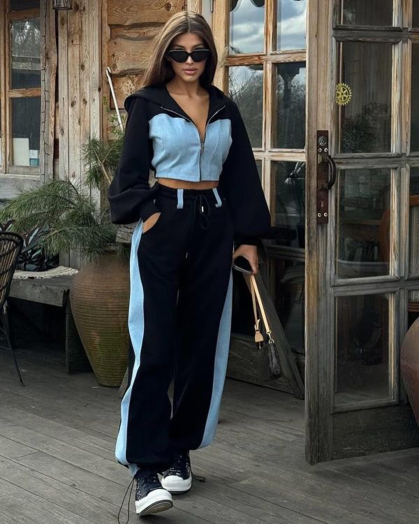 Contrast Color Long Sleeve Hooded Pants Suit SHD-9727